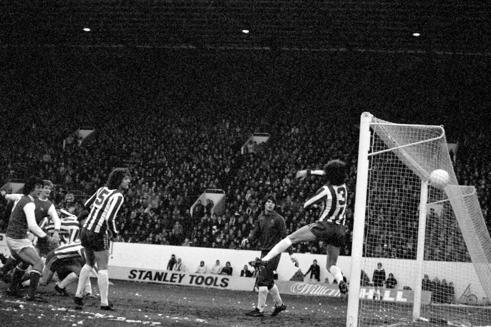 Black and white photo of a soccer goal being scored at Hillsborough Stadium.