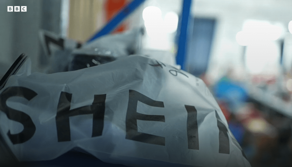 Shein-branded plastic bags in a factory.