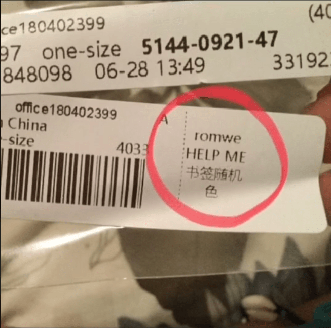 Shein garment tag with a message reading "HELP ME" circled in pink.