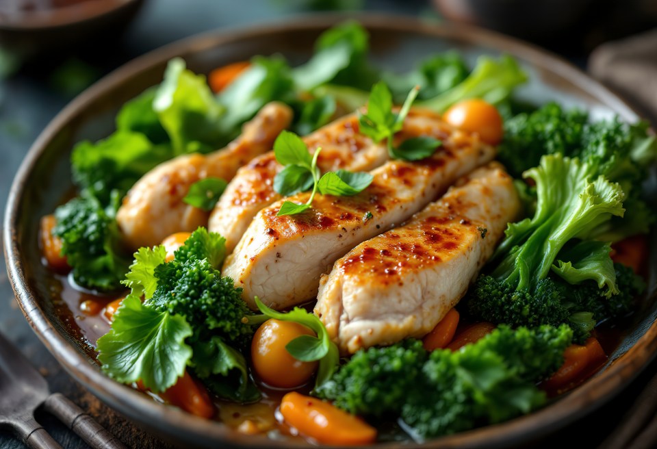 Steamed chicken breast with broccoli and carrots in a sauce.