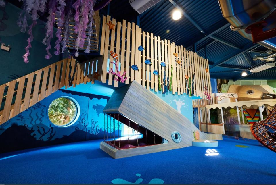 Indoor play area with whale-shaped slide and ocean theme.