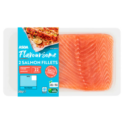 Package of two ASDA Flavoursome salmon fillets.