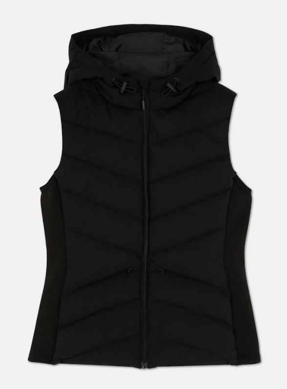 Black quilted vest with a hood.