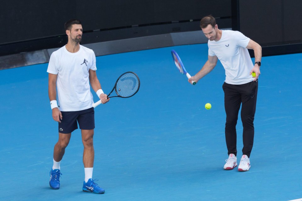 Novak Djokovic and Andy Murray at a tennis practice session.