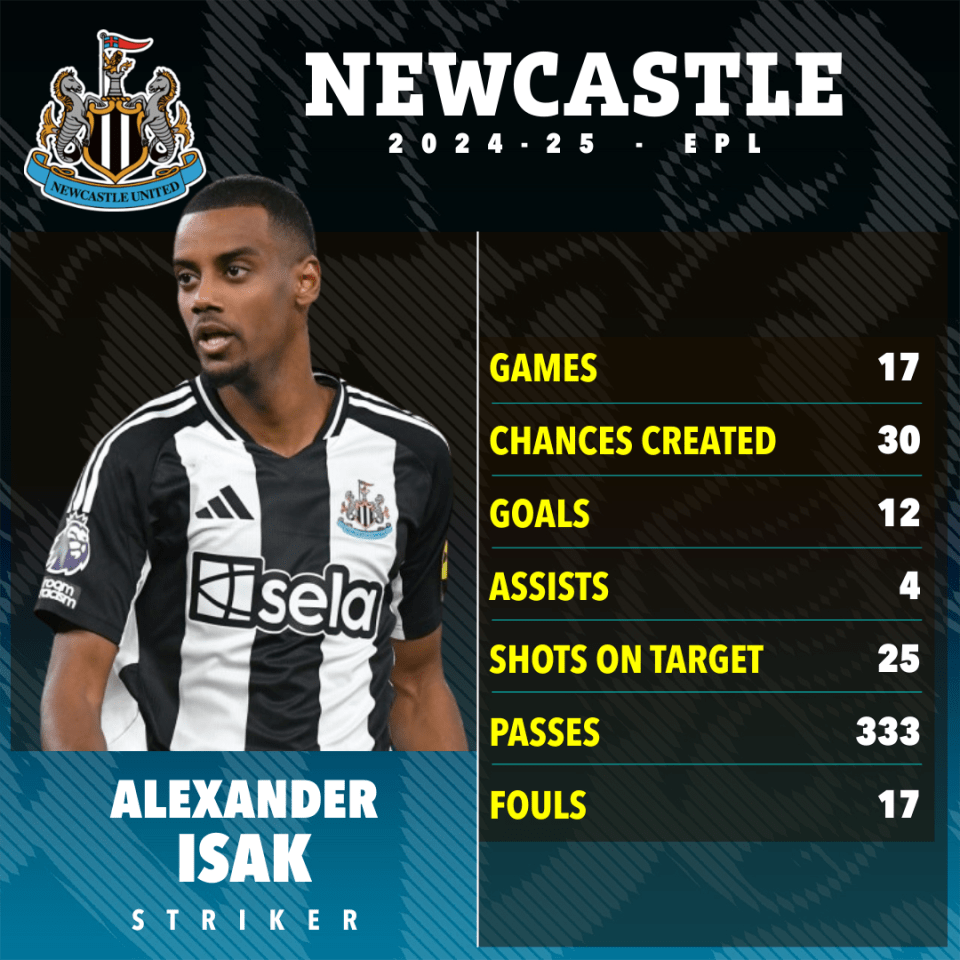 Alexander Isak's 2024-25 Newcastle United EPL stats: 17 games, 30 chances created, 12 goals, 4 assists, 25 shots on target, 333 passes, 17 fouls.