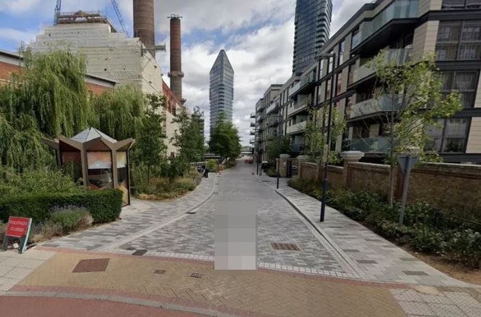 Street scene with modern buildings and a former power station.