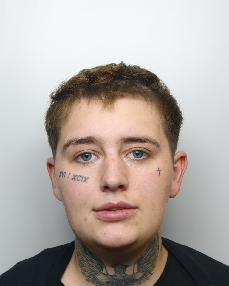 Mugshot of a person with tattoos on their face and neck.