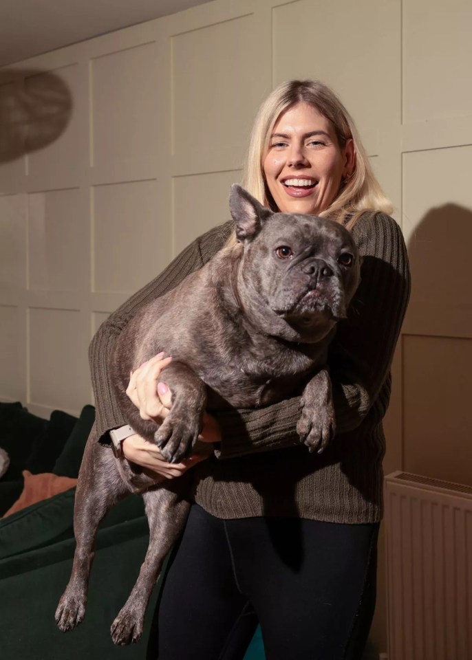 A woman holding a large French bulldog.