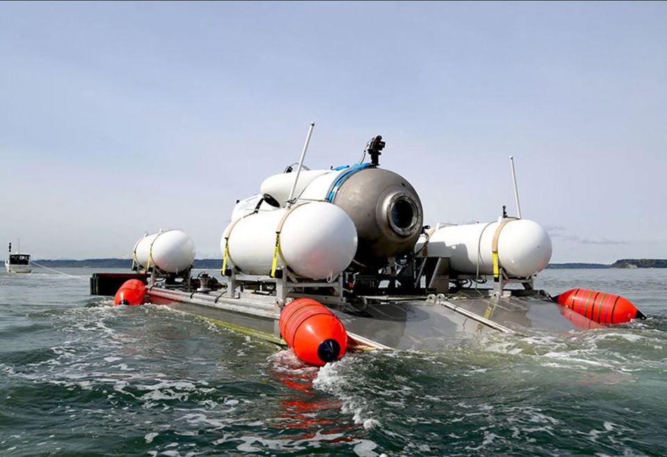 The Titan submersible being towed to a dive location.