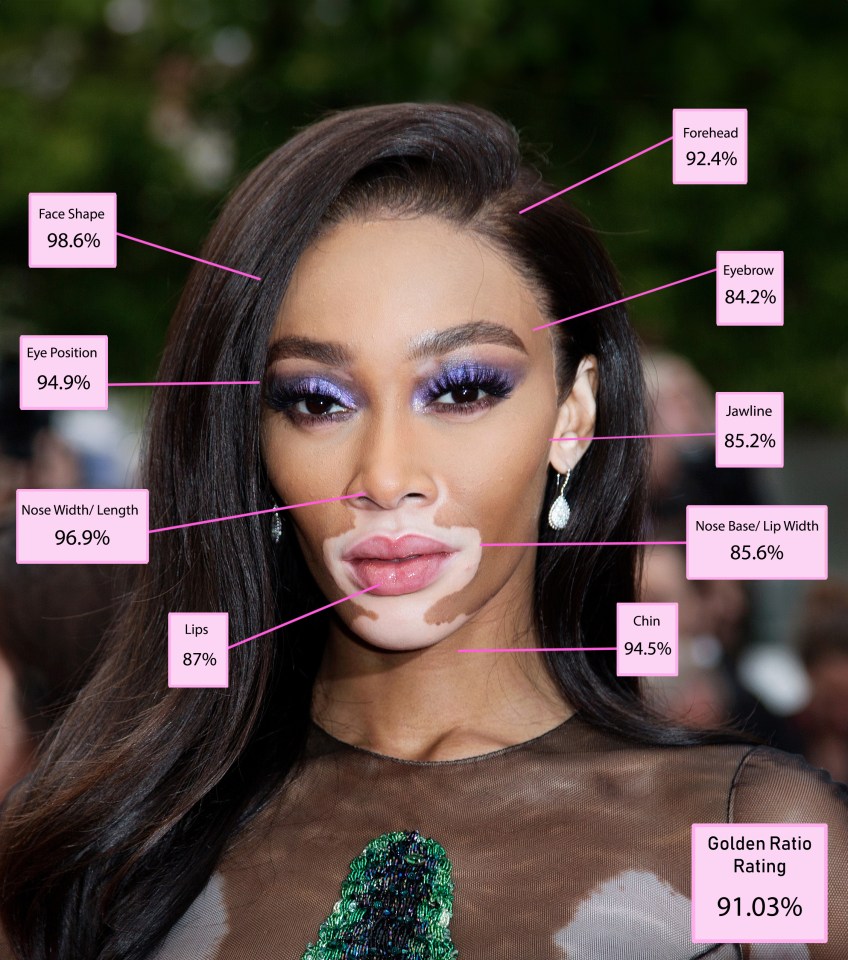 Illustration of a model's face with golden ratio percentages for different facial features.