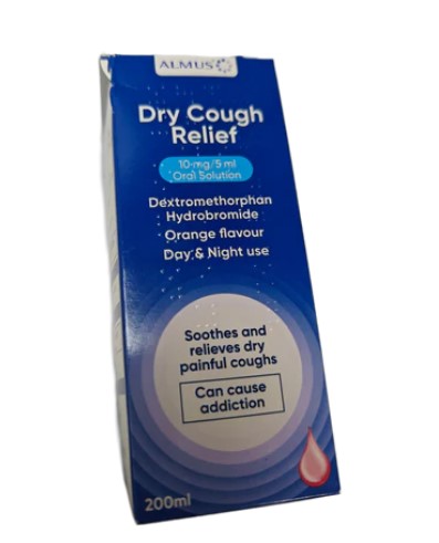 Almus Dry Cough Relief, 200ml bottle.  Contains Dextromethorphan Hydrobromide.  Can cause addiction.