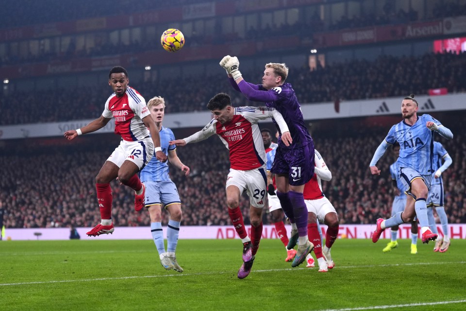 Tottenham Hotspur goalkeeper Antonin Kinsky makes a save during a Premier League match.