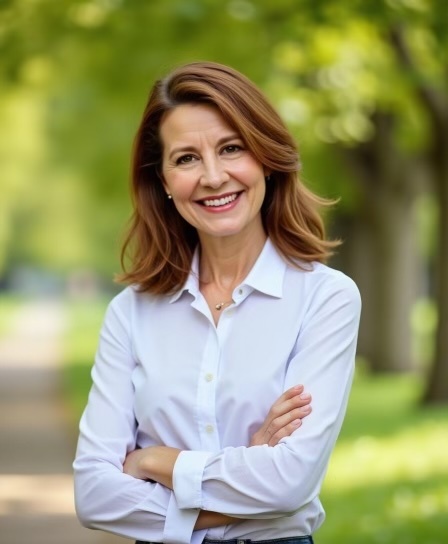 Portrait of a smiling woman with arms crossed.