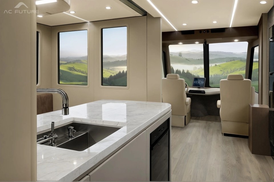 Interior view of an AC Future expandable electric motorhome.