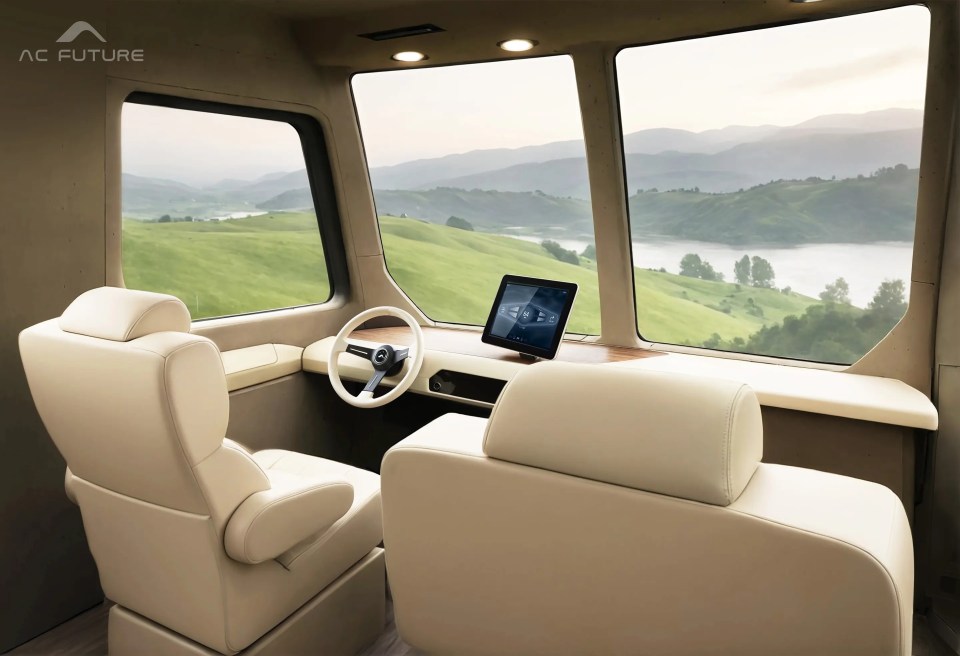 Interior view of an AC Future expandable electric motorhome, showing the driver's seat and a scenic landscape visible through large windows.