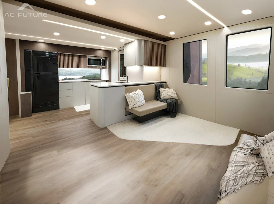 Interior view of an AC Future expandable electric motorhome.