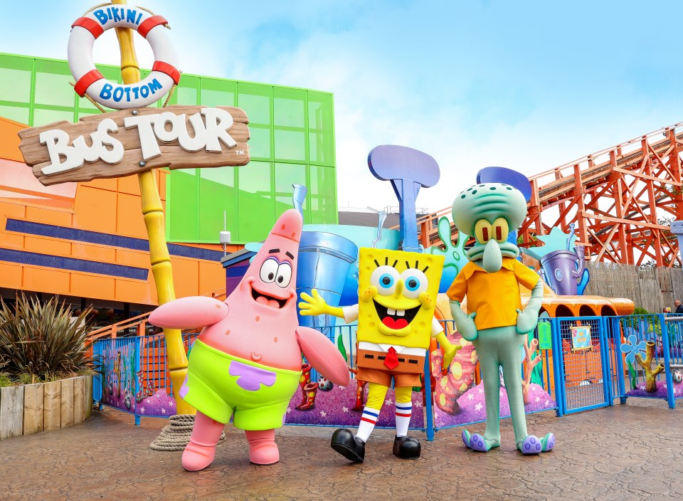 Spongebob Squarepants, Patrick Star, and Squidward Tentacles costumed characters at Nickelodeon Land.