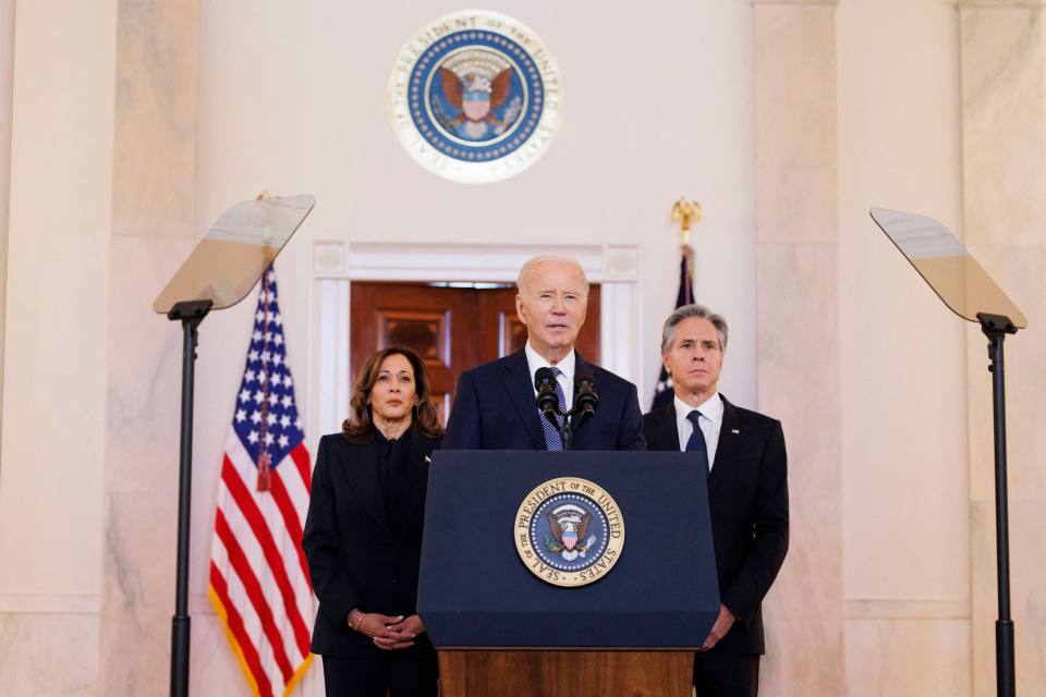 President Biden, Vice President Harris, and Secretary Blinken at a White House press briefing.