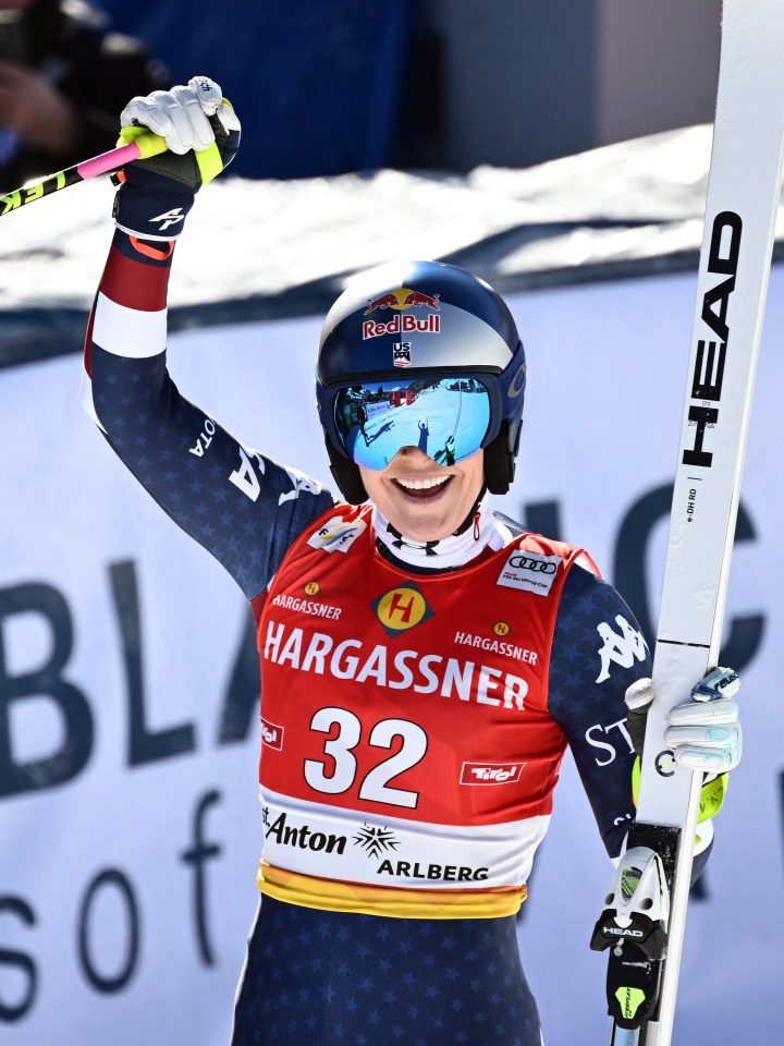 Lindsey Vonn celebrating after a downhill ski race.