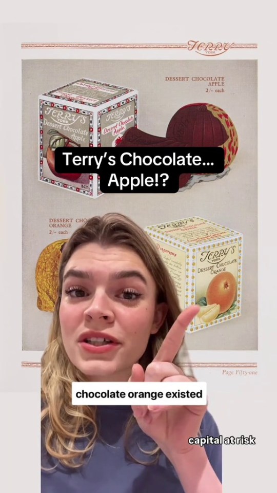 Illustration of vintage Terry's Chocolate Orange and Apple packaging with a woman pointing out the apple.