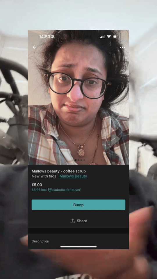 Screenshot of a phone screen showing a woman selling a coffee scrub.