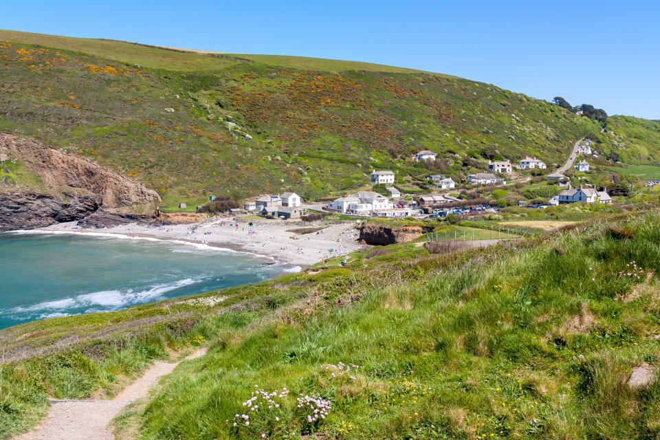 Crackington Haven beach and village in Cornwall, England.