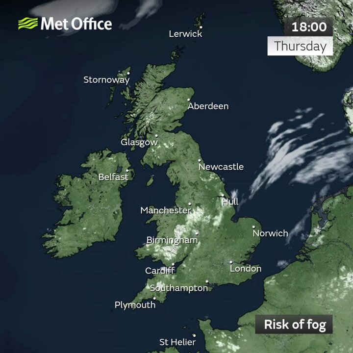 Weather map of the UK showing risk of fog.