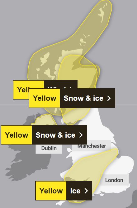 Illustration of weather warning map showing snow and ice in the UK and Ireland.