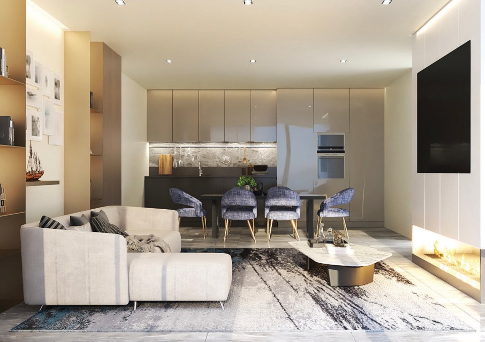 Illustration of a modern apartment living room and kitchen.