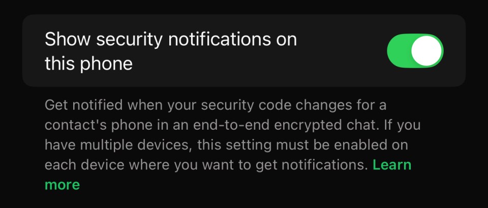 Whatsapp security notification settings.