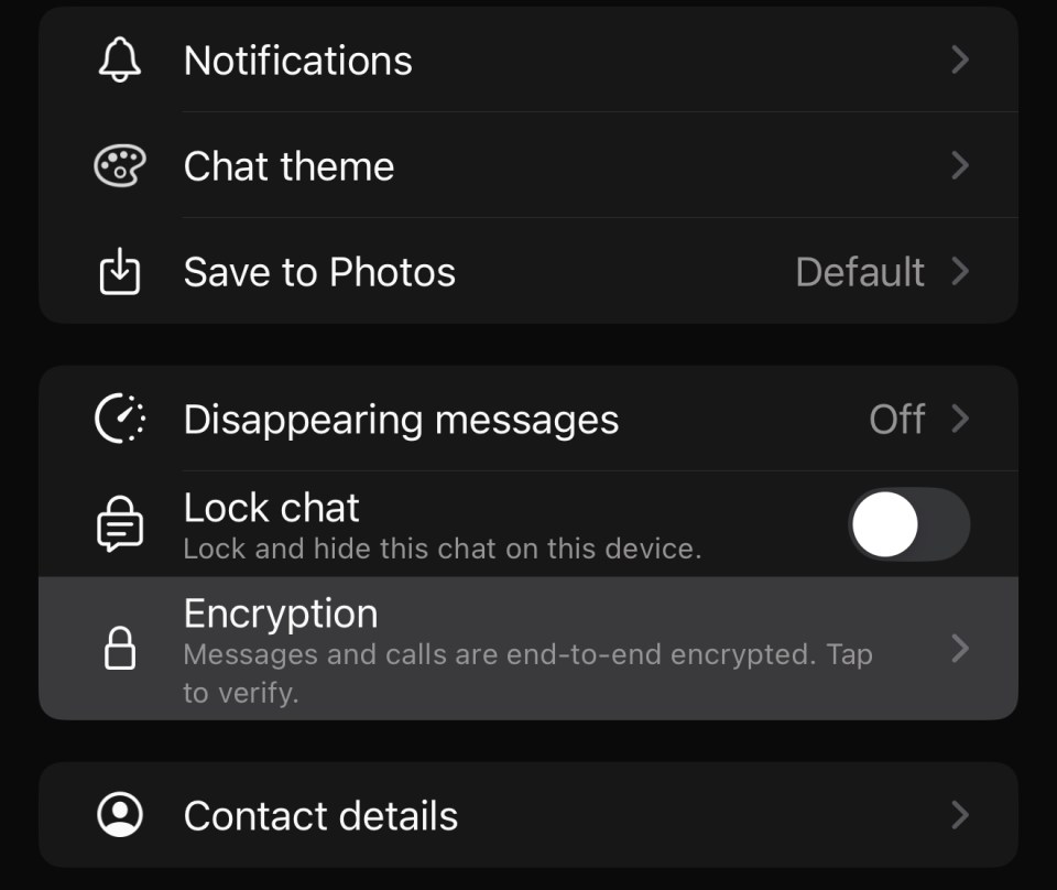 WhatsApp settings menu showing encryption details.