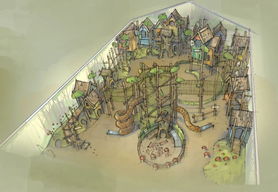 Illustration of a playground design with tree houses and climbing structures.