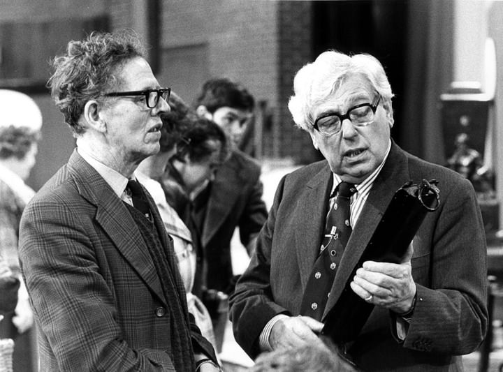 Black and white photo of Arthur Negus and another man on the Antiques Roadshow.