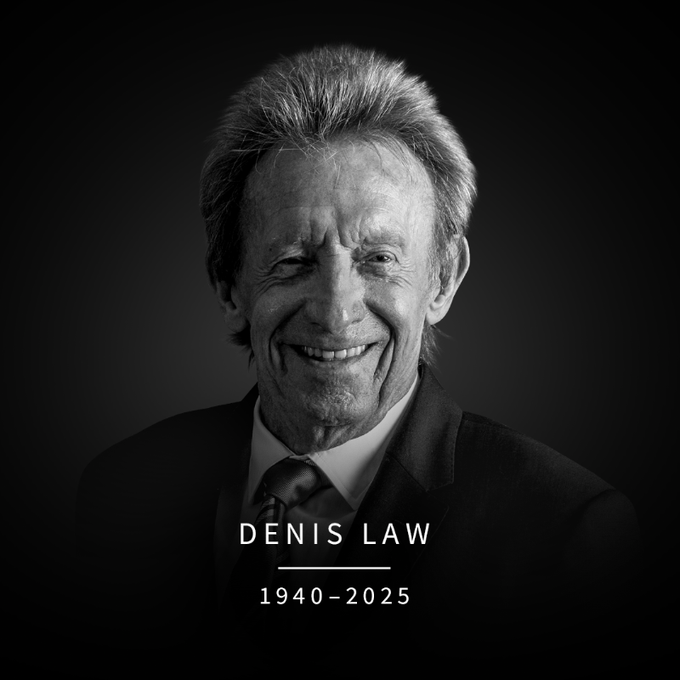 Black and white portrait of Denis Law (1940-2025).