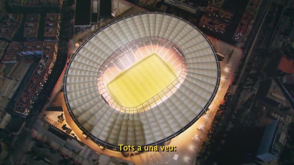 Aerial view of Nou Mestalla Stadium at night.