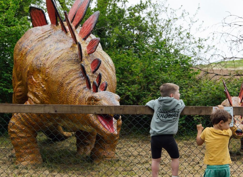 Two children look at a large dinosaur model at a theme park.