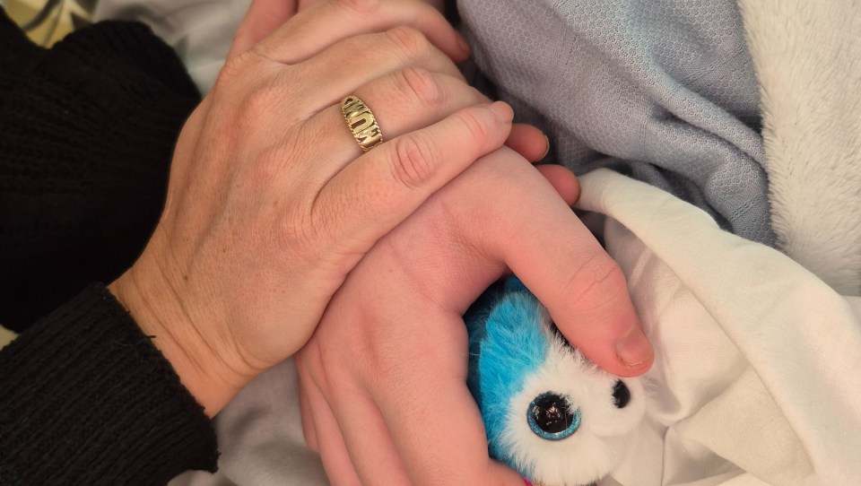 A mother's hand holding her deceased son's hand; a small stuffed animal is between their hands.